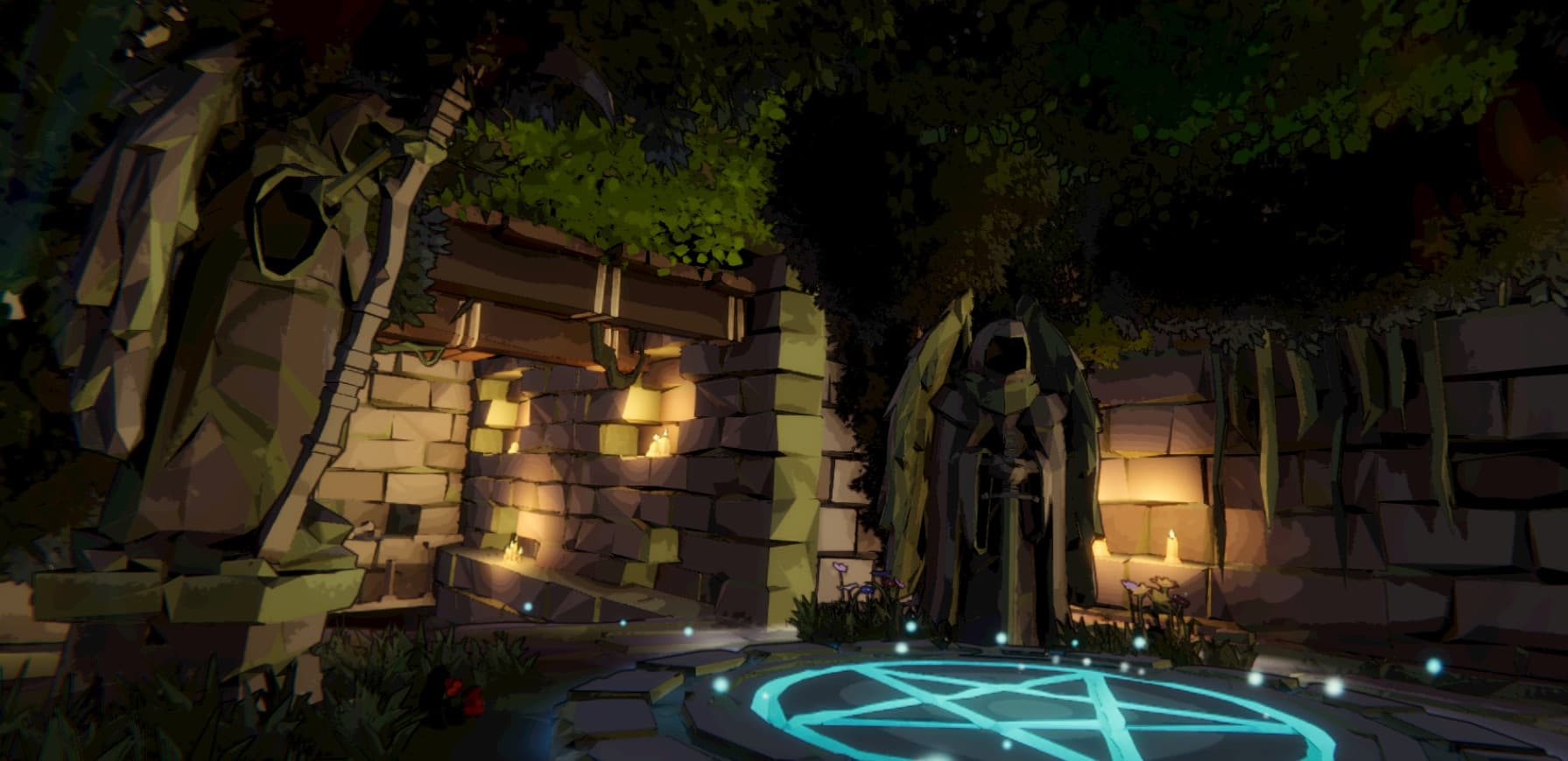 Official Fell & Sell scene inside the green-lit Overgrown Dungeon