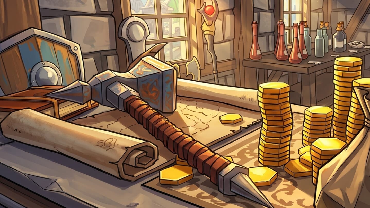 Official Fell & Sell art showing the merchant shop counter