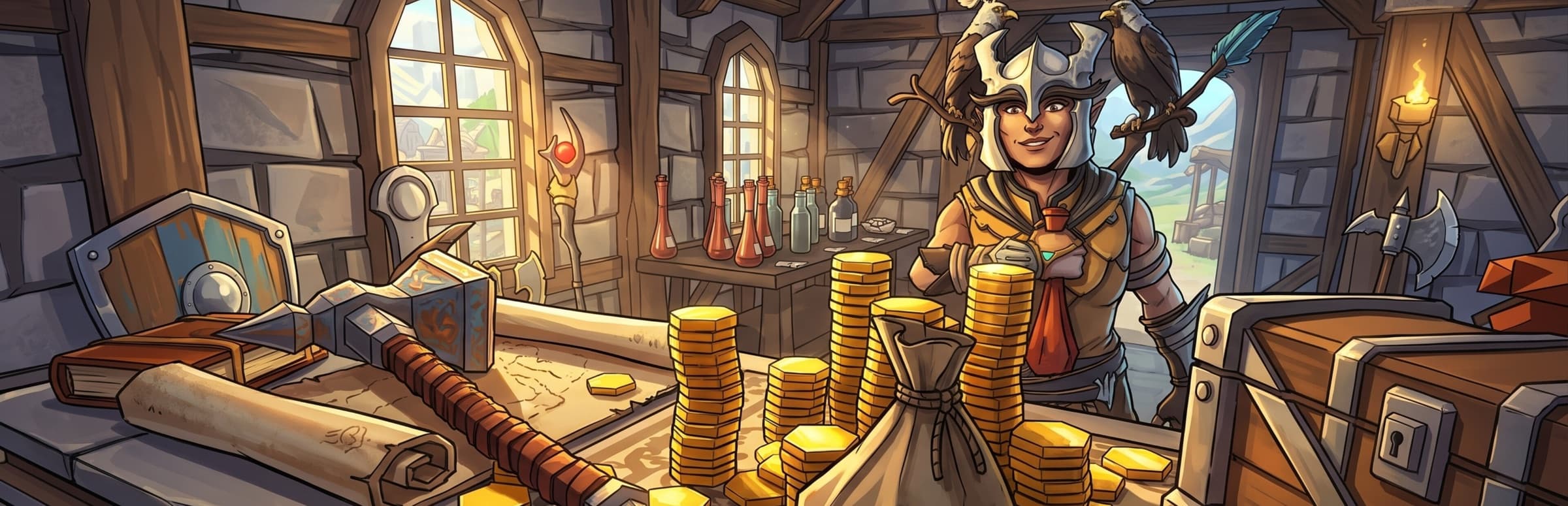 Fell & Sell heroes face monsters across a moonlit fantasy landscape